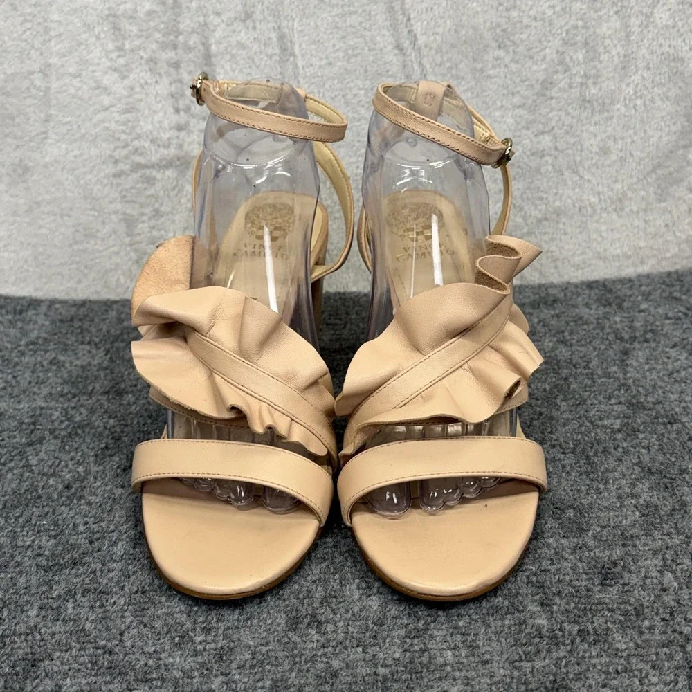 Vince Camuto‎ Sandals Womens Size 10 Beige Leather Ruffle Block Heel Ankle Strap